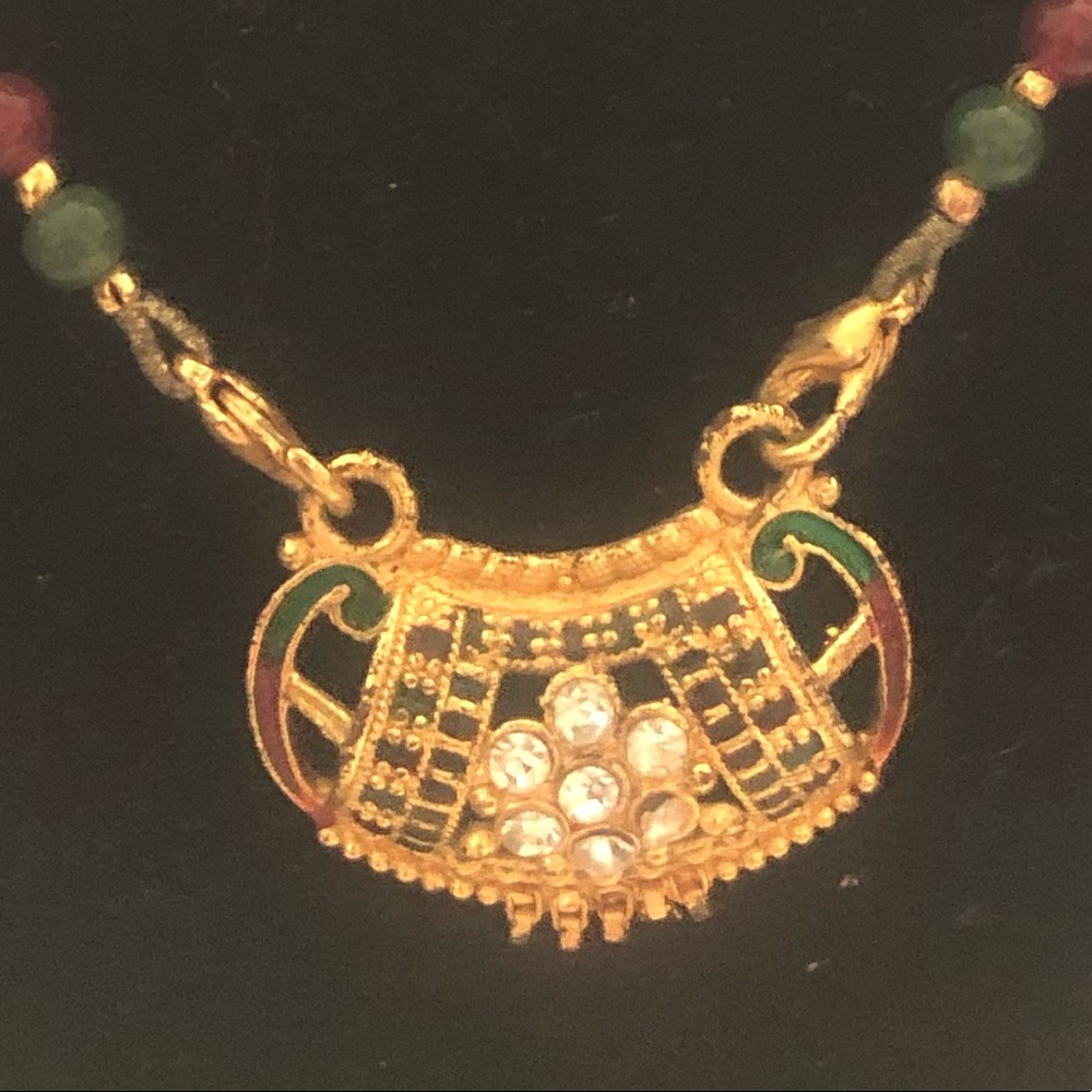 Indian , gold , red, green beaded necklace